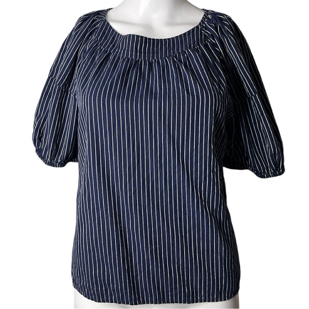 A New Approach Puffy Sleeve Striped Blouse Dark Blue & White Size XS